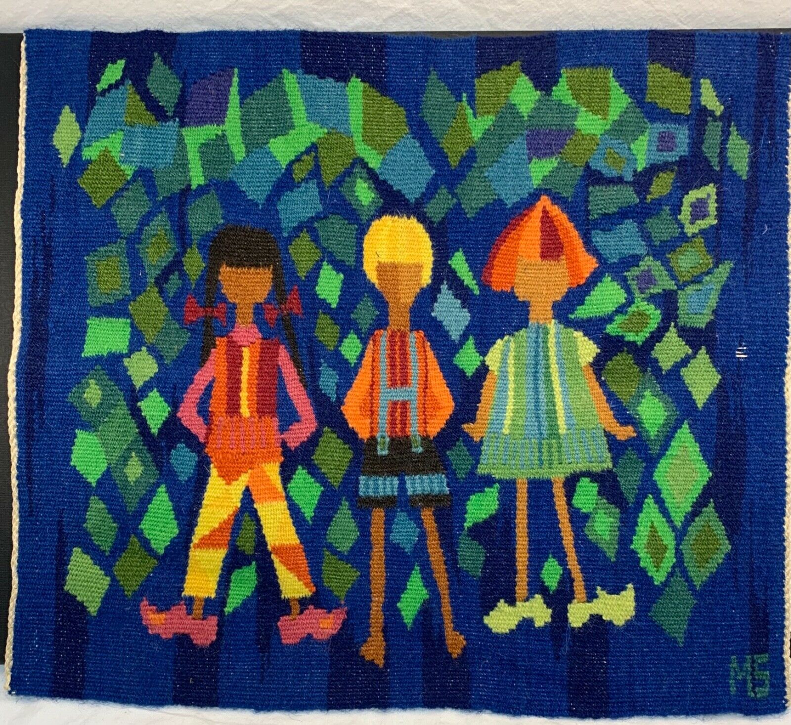 Vintage Swedish Colorful Wool Tapestry Woven Fiber Art, Signed